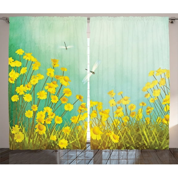 Ambesonne Nature Curtains 2 Panel Set, Daisies and Dragonflies, 108" x 90", Green Yellow