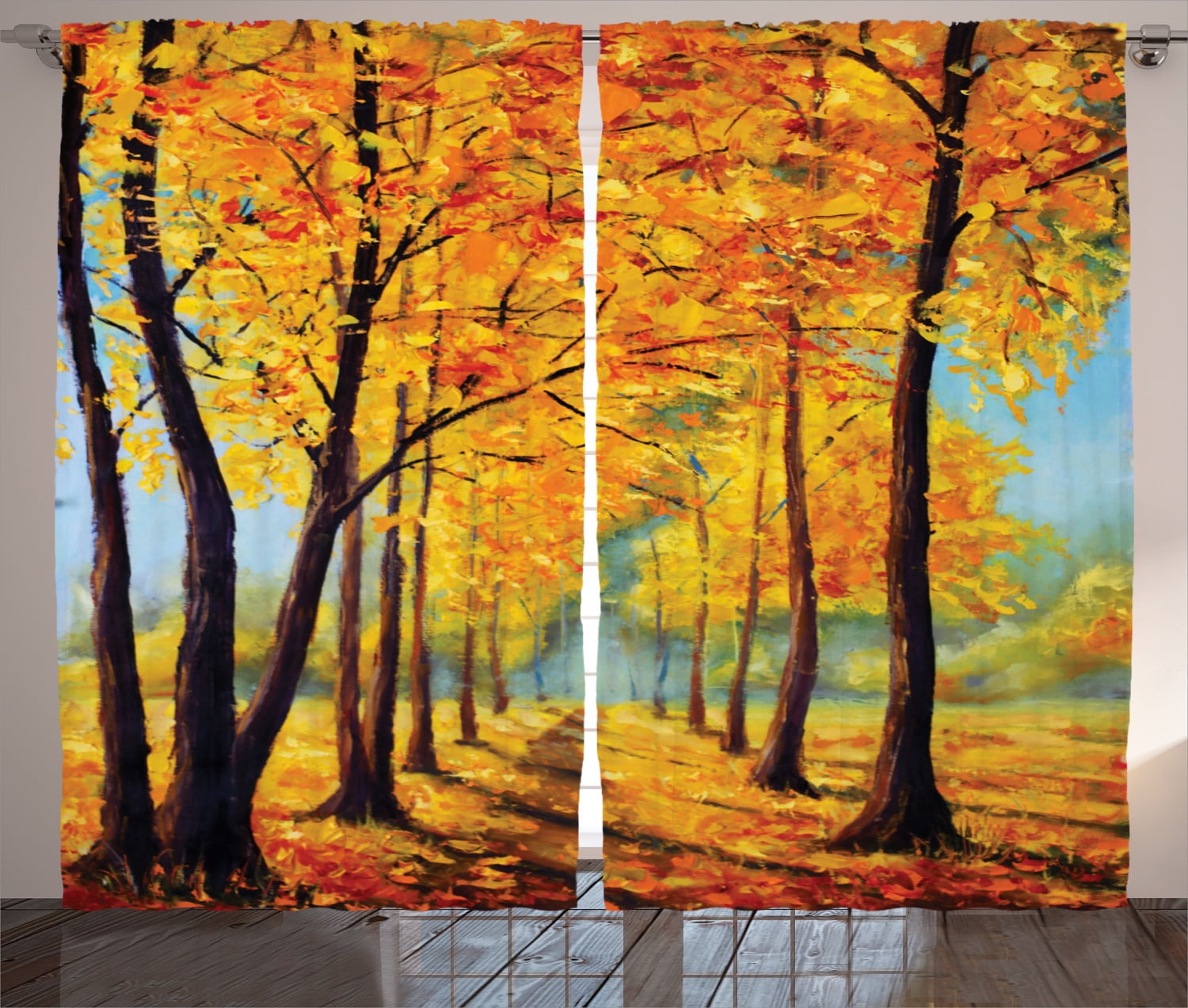 Country Decor Curtains 2 Panels Set, Painting of a Park in Autumn Fall
