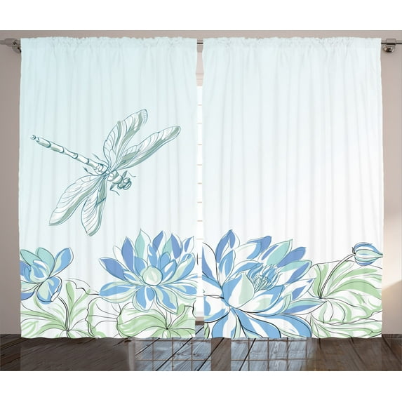 Ambesonne Dragonfly Curtains 2 Panel Set, Waterlilies Nature, 108" x 84", Blue Green