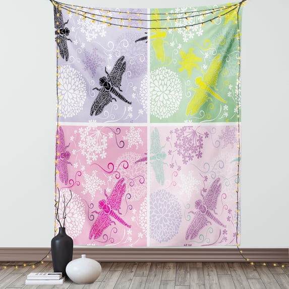 Country Decor Tapestry, Set of Four Floral Frame Pattern with Dragonfly and Dandelion Blooms Ornate Image, Wall Hanging for Bedroom Living Room Dorm Decor, 40W X 60L Inches, Multi, by Ambesonne