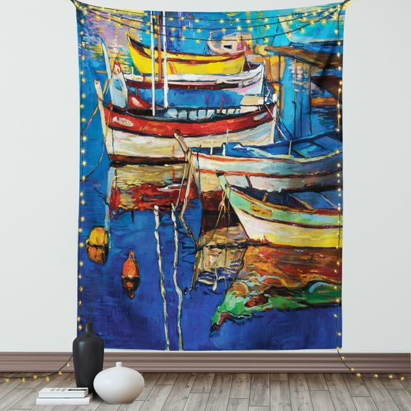 Country Decor Wall Hanging Tapestry, Mod Folk Art Style Paint of Boats on the Shore at Golden Sunset Cruising by the Sea Print, Bedroom Living Room Dorm Accessories, 40 X 60 Inches, by Ambesonne