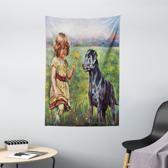 Country Decor Wall Hanging Tapestry, Paint of a Cute Little Girl with her Tiny Flower and Dog in the Meadow Pastoral Art Work, Bedroom Living Room Dorm Accessories, 40 X 60 Inches, by Ambesonne