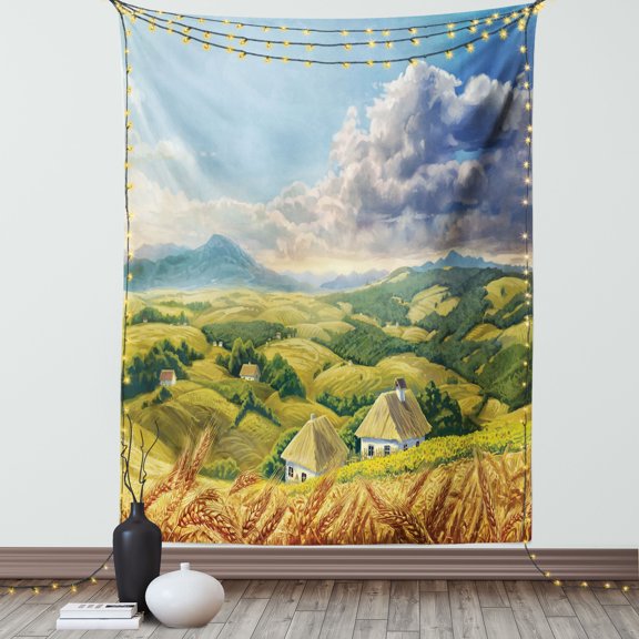 Country Decor Wall Hanging Tapestry, Paint of Summer Rural Landscape with Wheat and Small Country Houses in Valley Art, Bedroom Living Room Dorm Accessories, 60 X 80 Inches, by Ambesonne