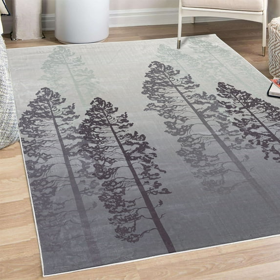 Country Decorative Rug, Pine Trees in the Forest on Foggy Seem Ombre Backdrop Wildlife Adventure Art, Quality Carpet for Bedroom Dorm and Living Room, 6 Sizes, Purple Grey, by Ambesonne