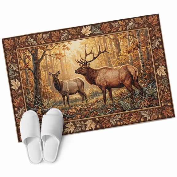 Country Deer Bathroom Rug Washable 2x3 Entryway Rug Non Slip Retro Animals Leaves Trees Forest Scenery Front Door Mat Low Pile Indoor Doormat Throw Floor Carpet for Kitchen Bedroom Entrance
