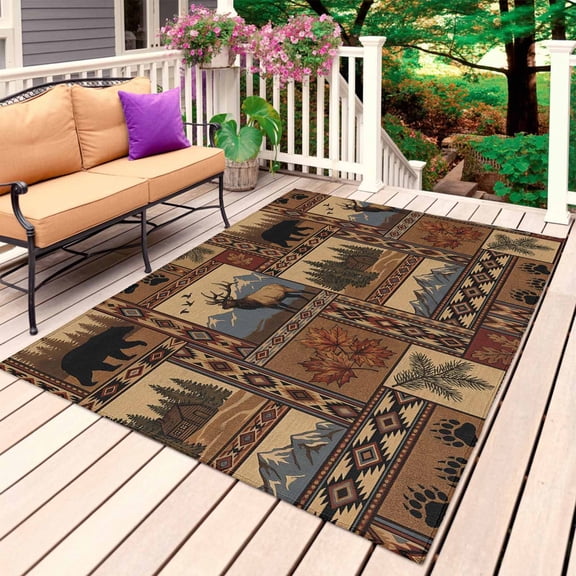 Country Deer Outdoor Rug for Patio/Deck/Porch, Non-Slip Large Area Rug 3 x 5 Ft, Vintage Bears Atchwork Animals Forest Indoor Outdoor Rugs Washable Area Rugs, Reversible Camping Rug Carpet Runner