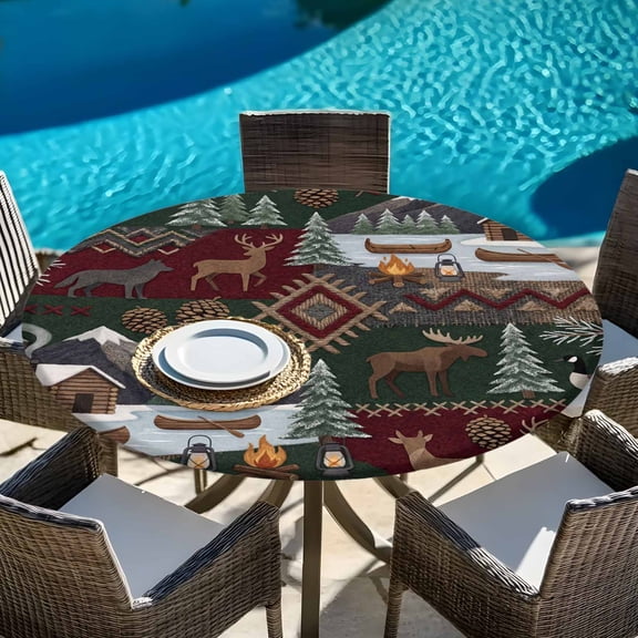 Country Deer Pine Tree Campfire Round Fitted Tablecloth with Elastic Edge,Waterproof Table Cloth Fits Tables Up to 45"-54",Wipeable Washable Table Cover for Dinning Party,Abstract Farm Scenery