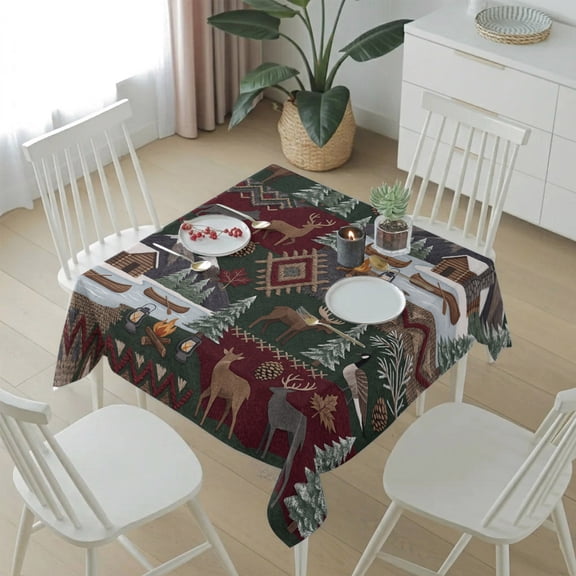 Country Deer Pine Tree Campfire Table Cloth 54x54in, Waterproof Square Tablecloth Wipeable Tablecloths Abstract Farm Scenery Table Covers for Dining Tables Party Indoor Outdoor
