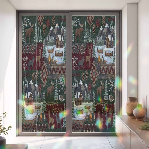Country Deer Pine Tree Campfire Window Privacy Film, Rainbow Film Decorative Window Sticker 35.4x78.7in, Abstract Farm Scenery Sun Blocking Static Stained Glass Cling Tint Non-Adhesive