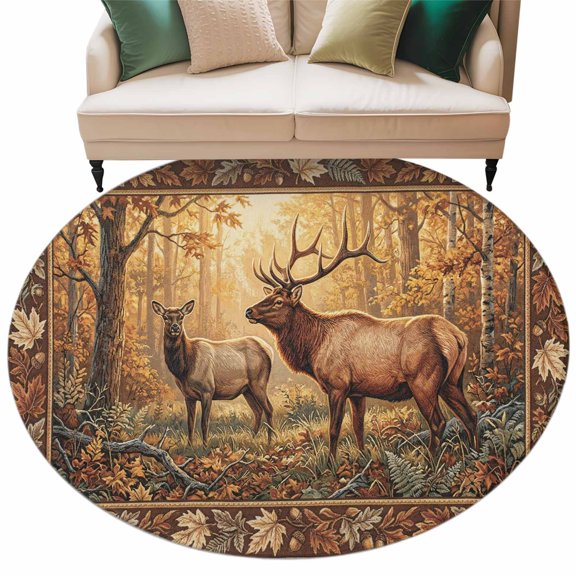 Country Deer Round Rug 7ft Washable Circle Rugs Non Slip Retro Animals Leaves Trees Forest Scenery Large Area Rug Indoor Floor Carpet for Bedroom Kitchen Living Room Home Office Dining Room Nursery