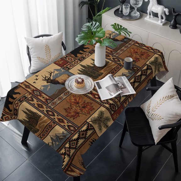 Country Deer Table Cloth Waterproof Tablecloths, Vintage Bears Atchwork Animals Forest Tablecloth Dining Table Cover for Kitchen Party Tabletop Outdoor, Rectangle Tablecloth 60x120 Inch