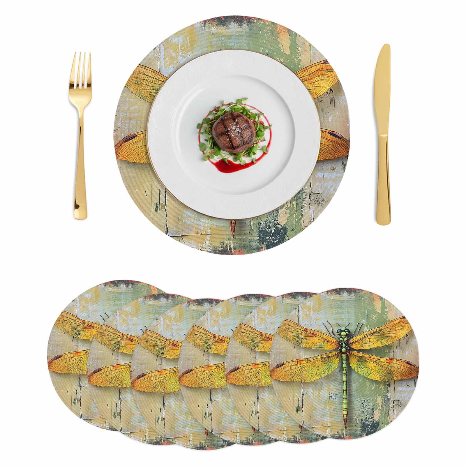 Country Dragonfly Round Placemats Set of 6 Retro Oil Painting Wooden ...
