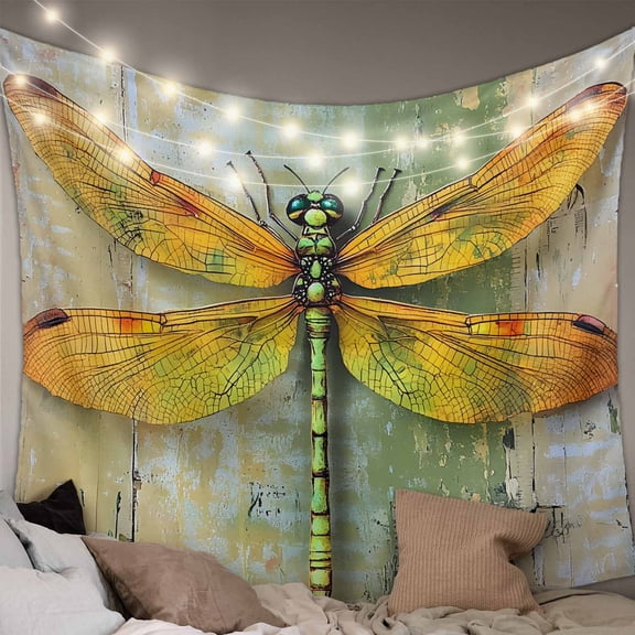 Country Dragonfly Small Tapestry for Bedroom Wall Hanging Tapestry, Retro Oil Painting Wooden Grain Ceiling Backdrop Tapestries Poster Blanket Wall Decor for Teens Room Living Room Dorm 23" x 28"