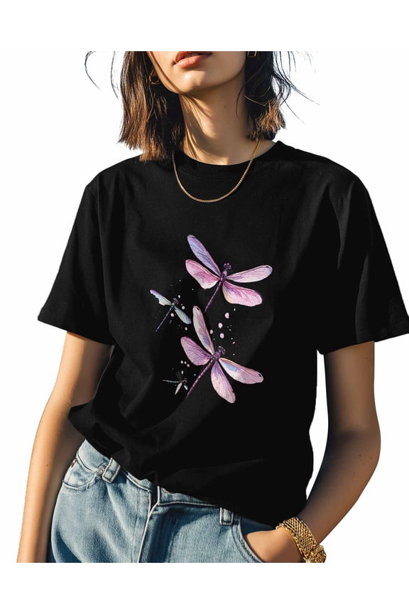 Country Dragonfly Womens Tshirt Graphic Tees Cotton Crew Neck T-Shirts, Casual Short Sleeve Shirts for Women Teen Girl Cartoon Animal