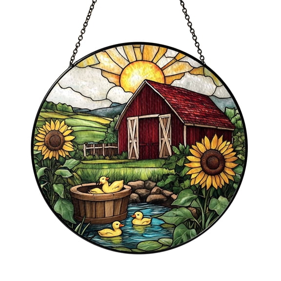 Country Duck Illustration Stained Glass Style Window Panel