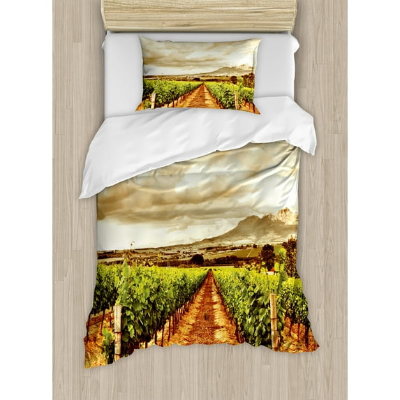 Country Duvet Cover Set, Grape Valley Clouds over Vineyard Fruit Plantation Digital Print, Decorative 2 Piece Bedding Set with 1 Pillow Shams, Twin Size, Burnt Orange Off White, by Ambesonne