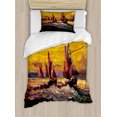 thumbnail image 1 of Country Duvet Cover Set, Image of Old Sailboats Ships Cruising in Waves at Sunrise Time Dark Sky Art, Decorative 2 Piece Bedding Set with 1 Pillow Shams, Twin Size, Yellow Orange, by Ambesonne, 1 of 3