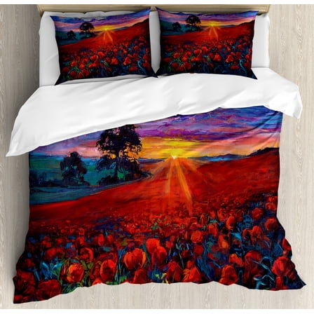 Country Duvet Cover Set King Size, Scenery of Poppy Flower Garden on Valley with Horizon and Fairy Clouds at Sunset Paint, Decorative 3 Piece Bedding Set with 2 Pillow Shams, Multi, by Ambesonne