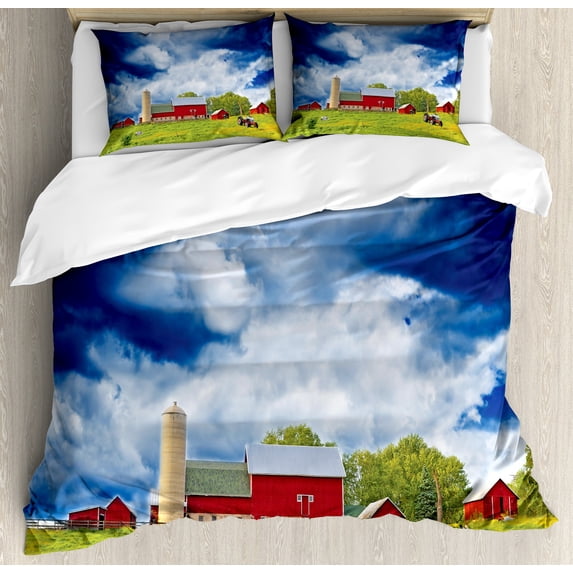 Country Duvet Cover Set, Landscape Scenery View Warehouse Barn Clear Clouds Fields Photo, Decorative 3 Piece Bedding Set with 2 Pillow Shams, King Size, Apple Green White, by Ambesonne