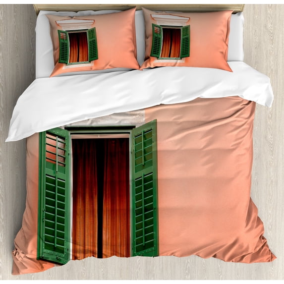 Country Duvet Cover Set, Mediterranean Style Image of Window and Shutters Old House Rural Rustic, Decorative 3 Piece Bedding Set with 2 Pillow Shams, Queen Size, Orange Green White, by Ambesonne