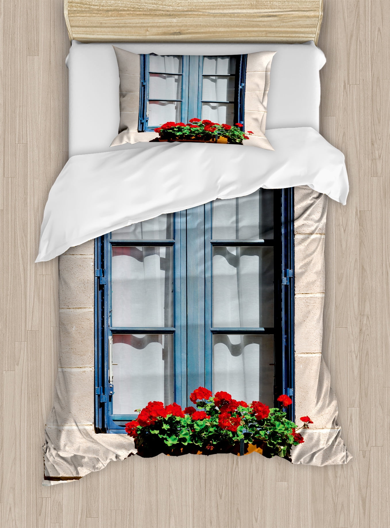 Window Bedding Country Duvet Cover Set, Mediterranean Style Window Open Shutters Image ...