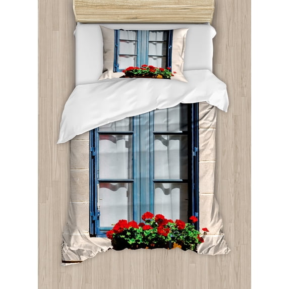 Country Duvet Cover Set, Mediterranean Style Window Open Shutters Image French Urban Life Theme Print, Decorative 2 Piece Bedding Set with 1 Pillow Shams, Twin Size, Blue Grey, by Ambesonne