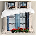 thumbnail image 1 of Country Duvet Cover Set, Mediterranean Style Window Open Shutters Image French Urban Life Theme Print, Decorative 3 Piece Bedding Set with 2 Pillow Shams, King Size, Blue Grey, by Ambesonne, 1 of 3