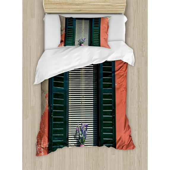 Country Duvet Cover Set, Old Italian Stone House with Medieval Style Shutters Image of Colorful Flowers, Decorative 2 Piece Bedding Set with 1 Pillow Shams, Twin Size, Green Grey Red, by Ambesonne