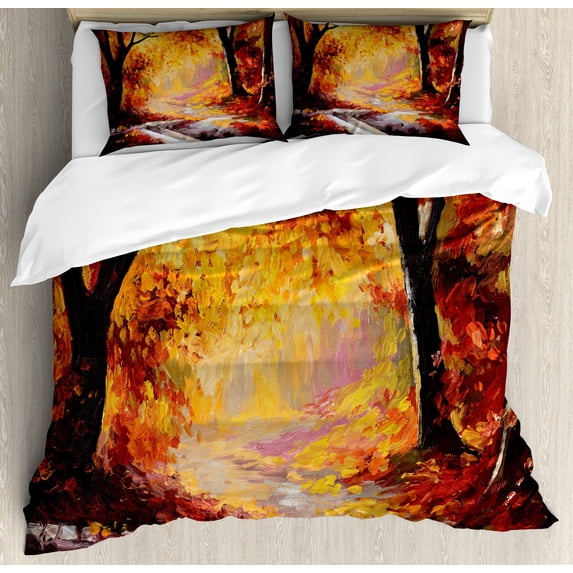 Country Duvet Cover Set, Paint of a Forest with Autumn Color Leaves Fall Time Sadness Season Theme Art, Decorative 3 Piece Bedding Set with 2 Pillow Shams, King Size, Orange Brown, by Ambesonne