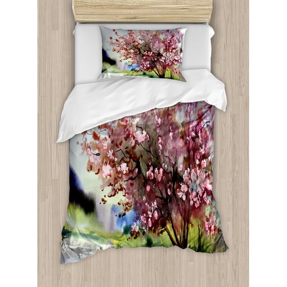 Country Duvet Cover Set, Painting of Spring Landscape Blooming Nature Flowering Tree and Fresh Grass Nature, Decorative 2 Piece Bedding Set with 1 Pillow Shams, Twin Size, Pink Green, by Ambesonne