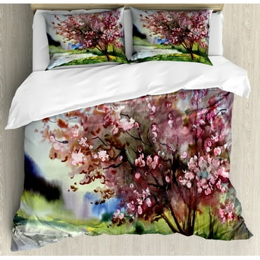 Country Duvet Cover Set, Painting of Spring Landscape Blooming Nature Flowering Tree and Fresh Grass Nature, Decorative 3 Piece Bedding Set with 2 Pillow Shams, Calking Size, Pink Green, by Ambesonne