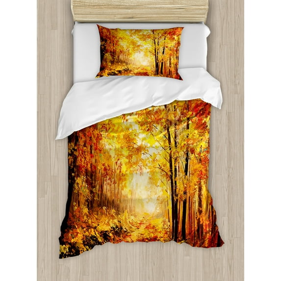 Country Duvet Cover Set, Pale Shaded Autumn in the Forest Pastoral Calm Simple Life Nature Paint Away Art, Decorative 2 Piece Bedding Set with 1 Pillow Shams, Twin Size, Orange Brown, by Ambesonne