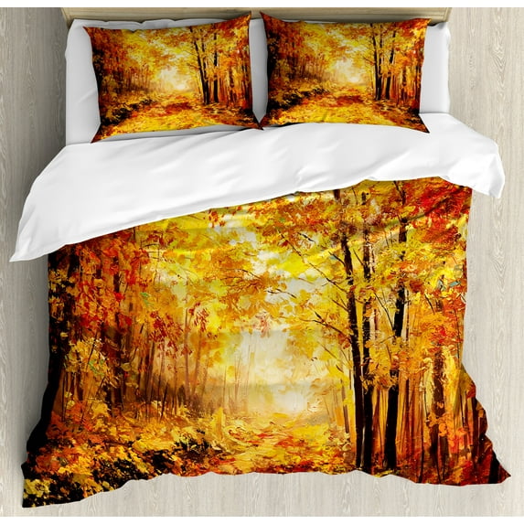 Country Duvet Cover Set, Pale Shaded Autumn in the Forest Pastoral Calm Simple Life Nature Paint Away Art, Decorative 3 Piece Bedding Set with 2 Pillow Shams, Queen Size, Orange Brown, by Ambesonne