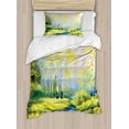 thumbnail image 1 of Country Duvet Cover Set, Pastoral Paint of a Forest in the Spring Time with Fresh Colored Leaves Trees Art, Decorative 2 Piece Bedding Set with 1 Pillow Shams, Twin Size, Green Blue, by Ambesonne, 1 of 3