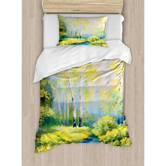 Country Duvet Cover Set, Pastoral Paint of a Forest in the Spring Time with Fresh Colored Leaves Trees Art, Decorative 2 Piece Bedding Set with 1 Pillow Shams, Twin Size, Green Blue, by Ambesonne