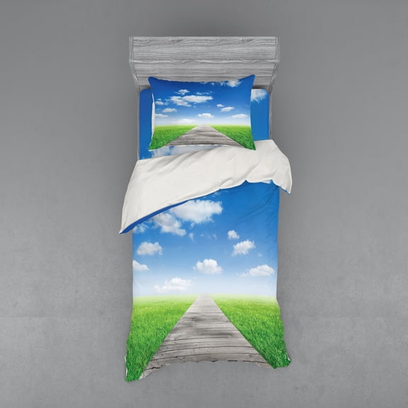 Country Duvet Cover Set, Pathway Towards Meadow Rural Countryside Miracle Supernatural Sky with Clouds, Bedding Set with Shams and Fitted Sheet, 3 Sizes, by Ambesonne