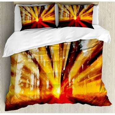 Country Duvet Cover Set, Photo of Sunbeams Trees at Sunset in the Forest Nature Scenery Print, Decorative 3 Piece Bedding Set with 2 Pillow Shams, Calking Size, Yellow Orange, by Ambesonne
