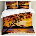 thumbnail image 1 of Country Duvet Cover Set, Picture of Old Tree Bending over River with Mountain Landscape at Sunset, Decorative 3 Piece Bedding Set with 2 Pillow Shams, Calking Size, Burnt Orange Purple, by Ambesonne, 1 of 3