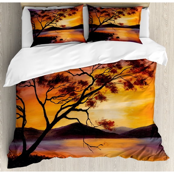 Country Duvet Cover Set, Picture of Old Tree Bending over River with Mountain Landscape at Sunset, Decorative 3 Piece Bedding Set with 2 Pillow Shams, Calking Size, Burnt Orange Purple, by Ambesonne