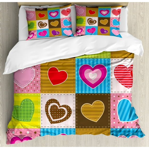 Country Duvet Cover Set Queen Size, Patchwork Themed Cute Heart Shaped Figures with Varying Backgrounds Love Artwork, Decorative 3 Piece Bedding Set with 2 Pillow Shams, Multicolor, by Ambesonne