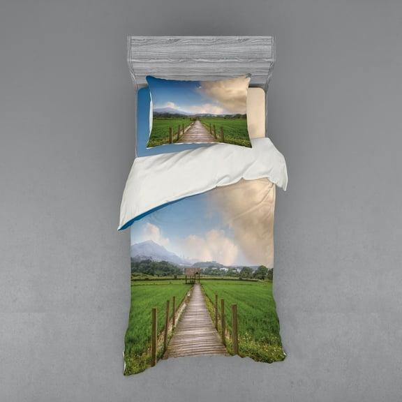 Country Duvet Cover Set, Rural Scenery with Wooden Path and House Under Cloudy Sky Mountain Serenity Nature, Bedding Set with Shams and Fitted Sheet, 3 Sizes, by Ambesonne