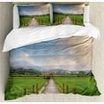 thumbnail image 1 of Country Duvet Cover Set, Rural Scenery with Wooden Path and House Under Cloudy Sky Mountain Serenity Nature, Decorative 3 Piece Bedding Set with 2 Pillow Shams, Calking Size, Green Blue, by Ambesonne, 1 of 3