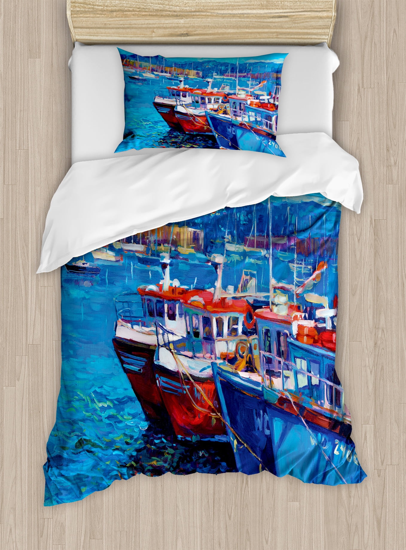 Navy Red Coastal Twin Duvet Cover Set with Pillow Sham