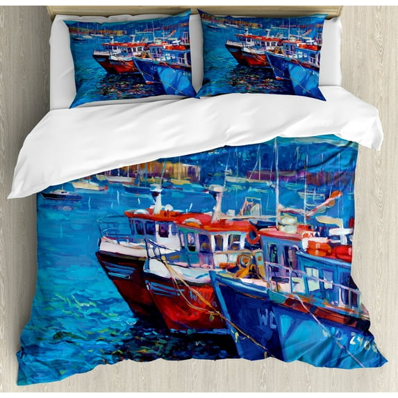 Country Duvet Cover Set, Sail Boats Ships on the Shore Harbor by the Sea Small Rural Fishing Town Art, Decorative 3 Piece Bedding Set with 2 Pillow Shams, Queen Size, Navy Red, by Ambesonne