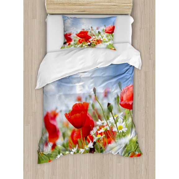 Country Duvet Cover Set Twin Size, Idyllic Spring Meadow with Poppy and Daisy Flowers Sunny Sky Clouds Garden Design, Decorative 2 Piece Bedding Set with 1 Pillow Sham, Multicolor, by Ambesonne