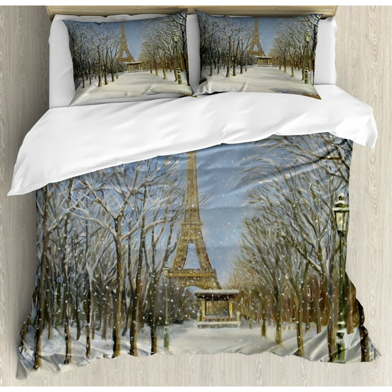 Country Duvet Cover Set, Winter Scene of Historical Eiffel Tower in Paris Snowy City Europe Urban View, Decorative 3 Piece Bedding Set with 2 Pillow Shams, Queen Size, White Blue Grey, by Ambesonne