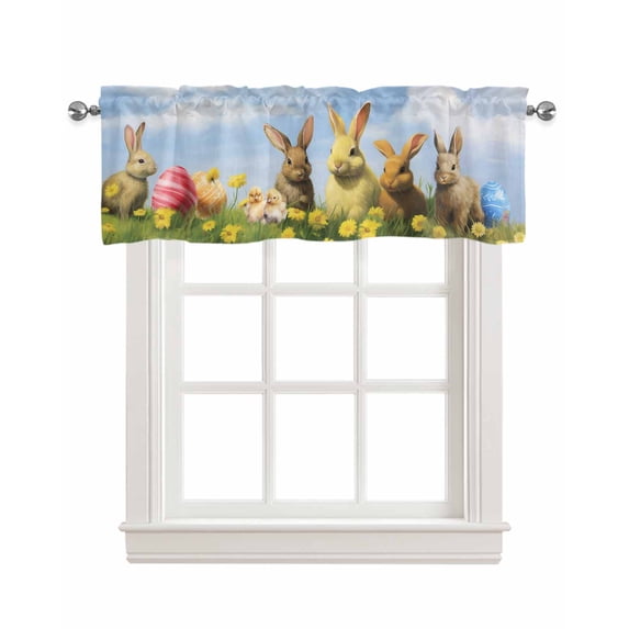 Country Easter Rabbits Linen Curtain Valance for Bedroom/Bathroom/Kitchen/Office/Living/Dining Room Windows,Watercolor Floral Eggs Spring Rod Pocket Topper Drapes Decorative Cafe Drapery Panel 60x18