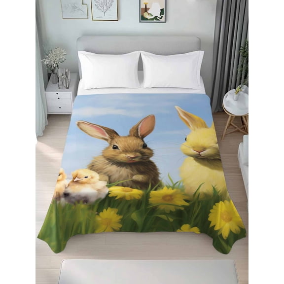 Country Easter Rabbits, Queen Size Flat Sheet, Wrinkleproof & Fadeproof Cooling Flat Bed Sheet Only, Watercolor Floral Eggs Spring Breathable Soft Bedding Top Sheets 90 x 102 Inches