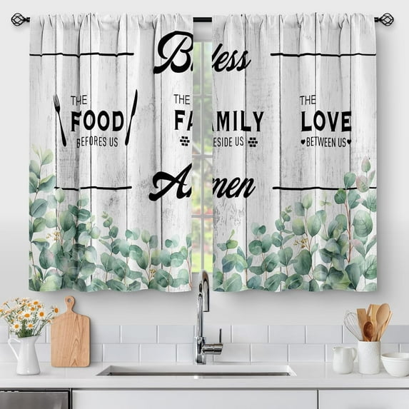 Country Eucalyptus Leaves Kitchen Curtains - Plant Farmhouse Rustic Botanical Short Cafe Tier Curtains Decor for Living Dining Room Rod Pocket Window Drapes 24 Inch Length 2 Panels 28"x24"