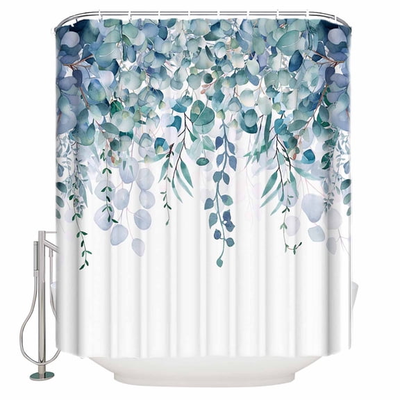 Country Eucalyptus Leaves Shower Curtain for Bathroom, Watercolor Teal Green Leaf Waterproof Shower Curtains Washable Quick Dry with Hooks Bathtub Curtains 36x72 IN
